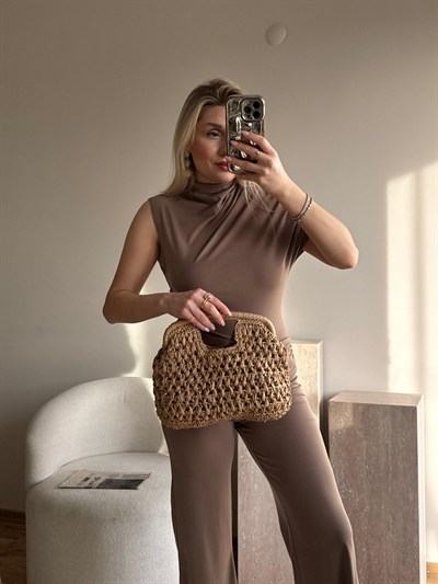 Camel Hasır Mng Clutch Çanta