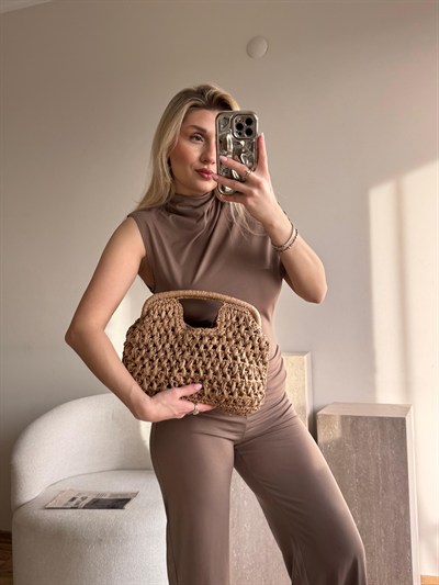 Camel Hasır Mng Clutch Çanta