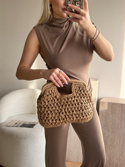 Camel Hasır Mng Clutch Çanta