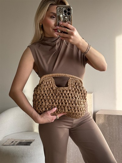 Camel Hasır Mng Clutch Çanta