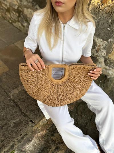 Camel Hasır Oval Çanta