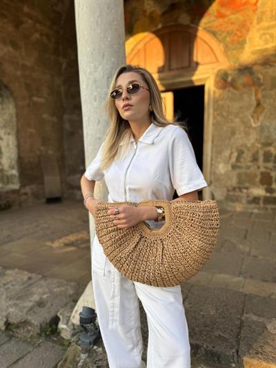 Camel Hasır Oval Çanta