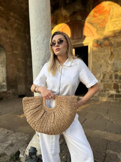 Camel Hasır Oval Çanta