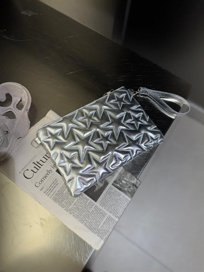 Gümüş Yıldız Dikişli Clutch Çanta