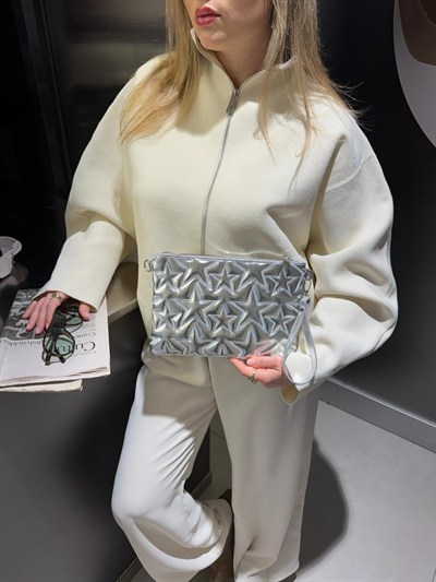 Gümüş Yıldız Dikişli Clutch Çanta