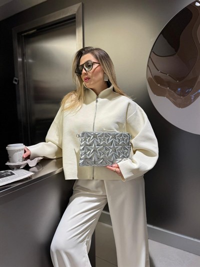 Gümüş Yıldız Dikişli Clutch Çanta
