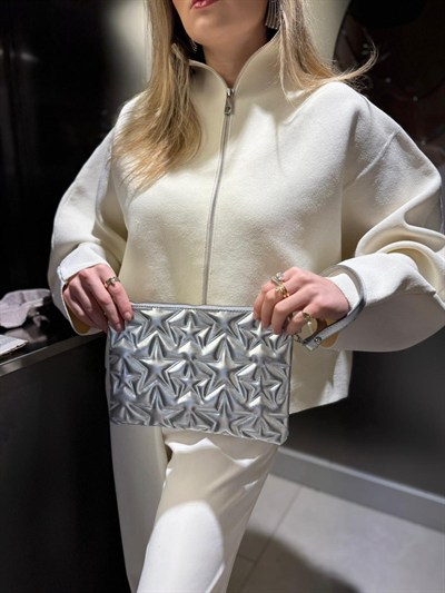 Gümüş Yıldız Dikişli Clutch Çanta