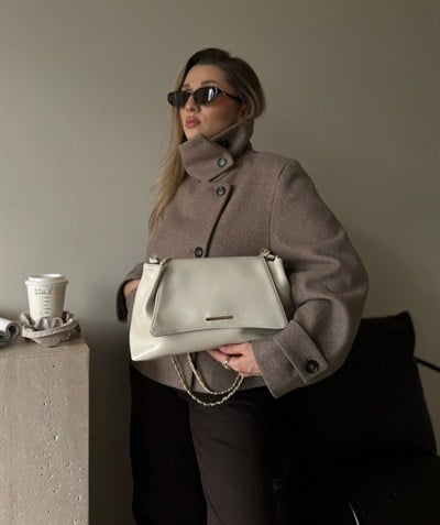 Krem Clutch Zincir Askılı Mila Çanta