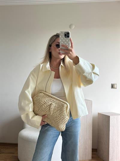 Krem Hasır Clutch Çanta