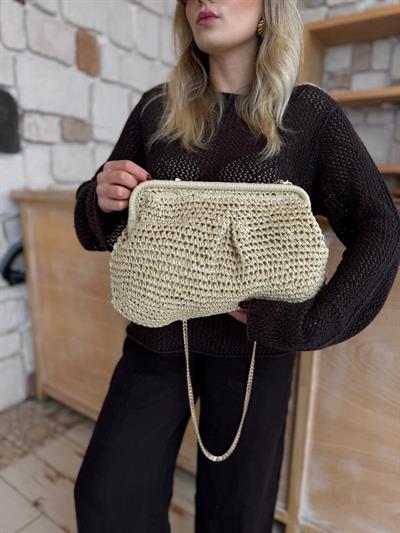 Krem Hasır Clutch Çanta