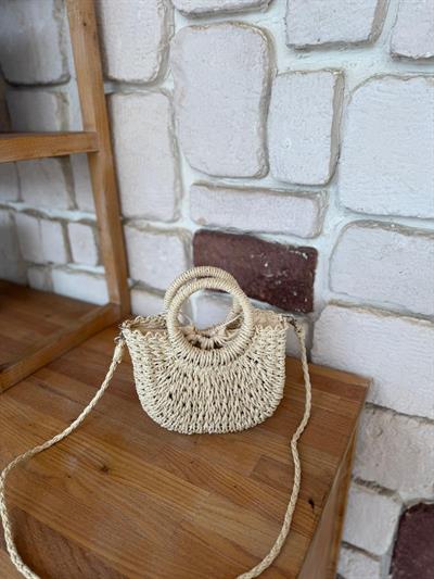 Krem Mini Oval Hasır Çanta