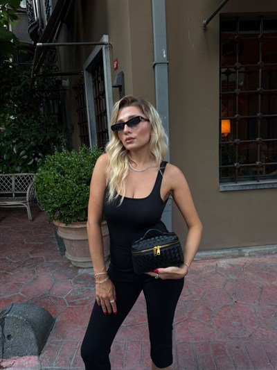Siyah Örgü Desen Ella Çapraz Askılı Çanta