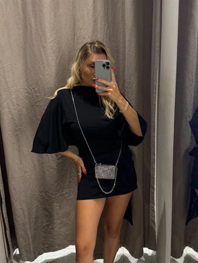 Siyah Taşlı Mini Çapraz Askılı Tia Çanta