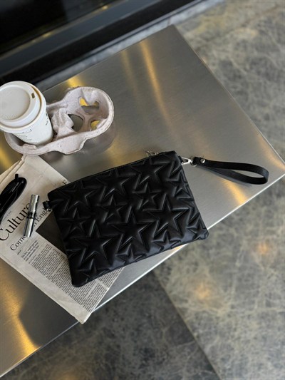 Siyah Yıldız Dikişli Clutch Star Çanta