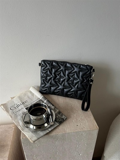 Siyah Yıldız Dikişli Clutch Star Çanta