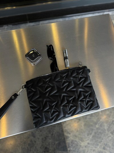 Siyah Yıldız Dikişli Clutch Star Çanta