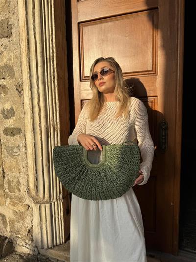 Yeşil Hasır Oval Çanta