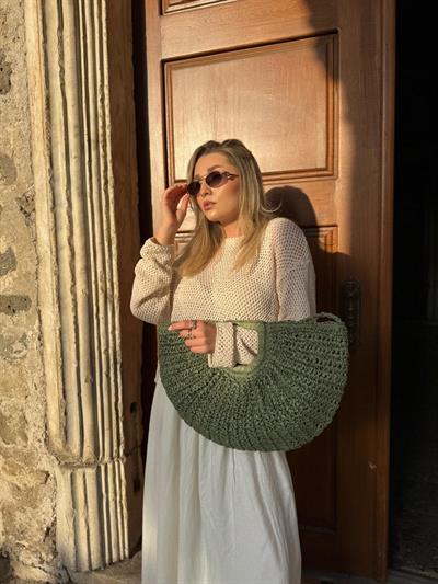 Yeşil Hasır Oval Çanta