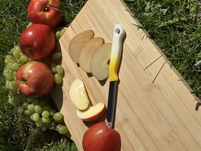 Solingen Ebruli Sarı Tırtıklı Meyve Bıçağı – 18,5 cm, Paslanmaz Alman Çeliği, Ergonomik Sap (Tekli)