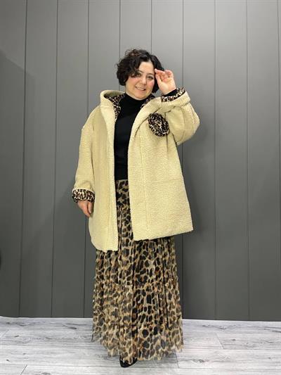 İçi Leopar Desen Astarlı İtalyan Yumoş Kapüşonlu Kaban