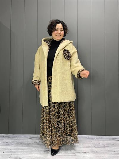 İçi Leopar Desen Astarlı İtalyan Yumoş Kapüşonlu Kaban