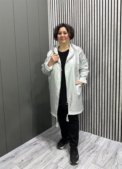 Kapüşonlu Deri Görünümlü Trenç Gümüş