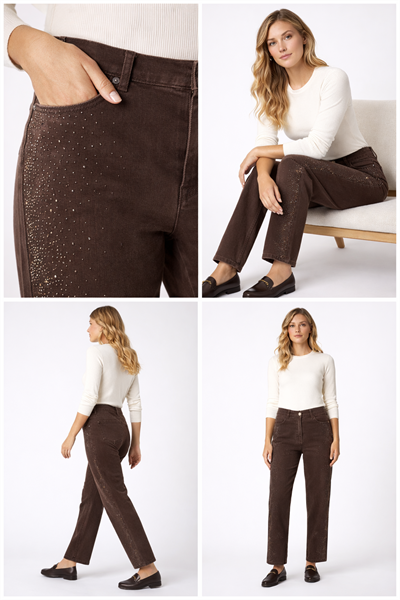 Taş Detaylı Premium Denim Pantolon – Işıltılı Kahverengi
