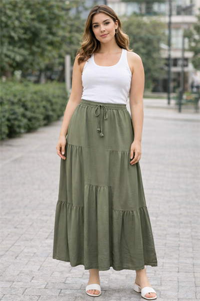 Tencel Dokulu Katlı Maxi Etek | Bel Lastikli & Bağcıklı