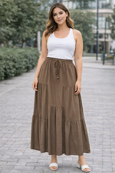 Tencel Dokulu Katlı Maxi Etek | Bel Lastikli & Bağcıklı