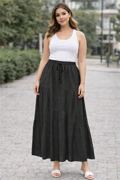 Tencel Dokulu Katlı Maxi Etek | Bel Lastikli & Bağcıklı