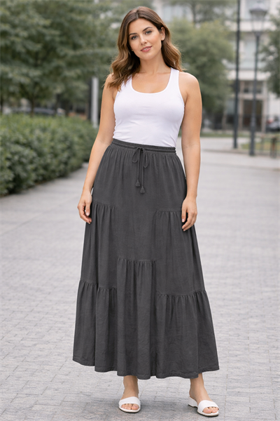 Tencel Dokulu Katlı Maxi Etek | Bel Lastikli & Bağcıklı