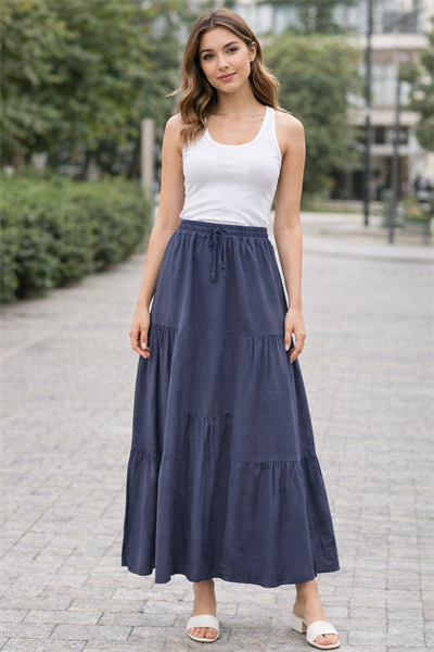 Tencel Dokulu Katlı Maxi Etek | Bel Lastikli & Bağcıklı