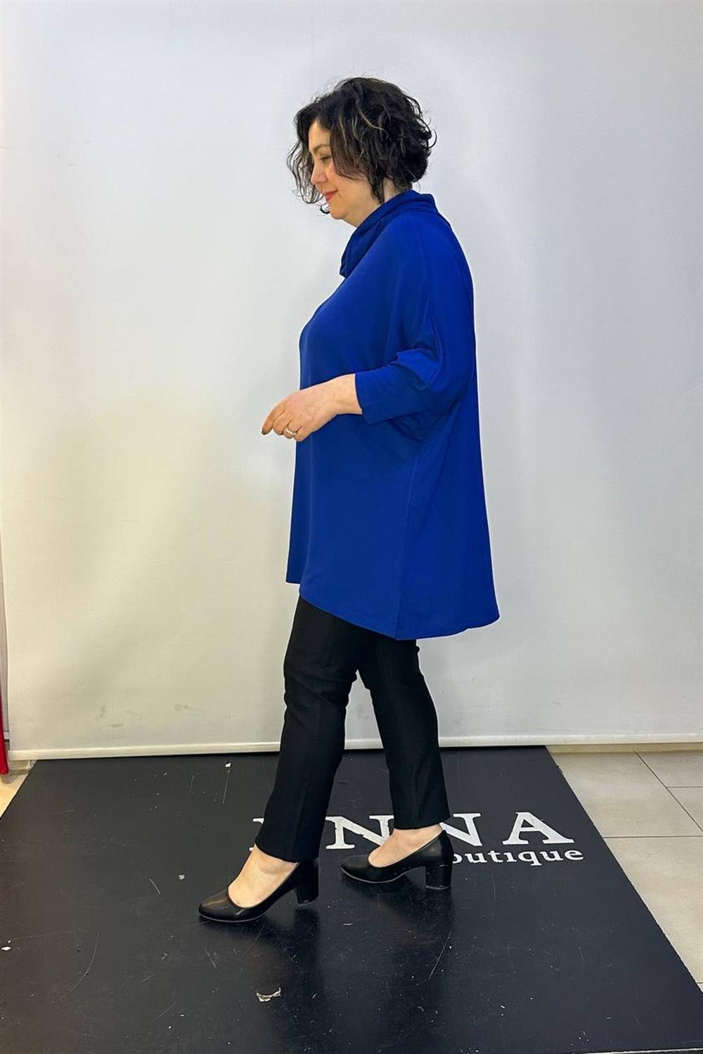 Büyük Beden Degaje Yaka Owersize Bluz Saks Mavi