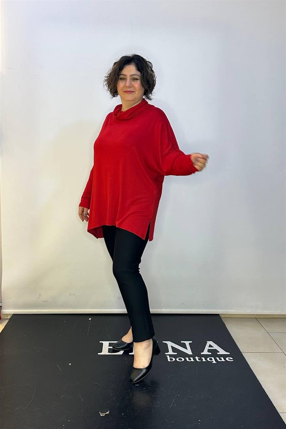 Büyük Beden Degaje Yaka Owersize Bluz Kırmızı
