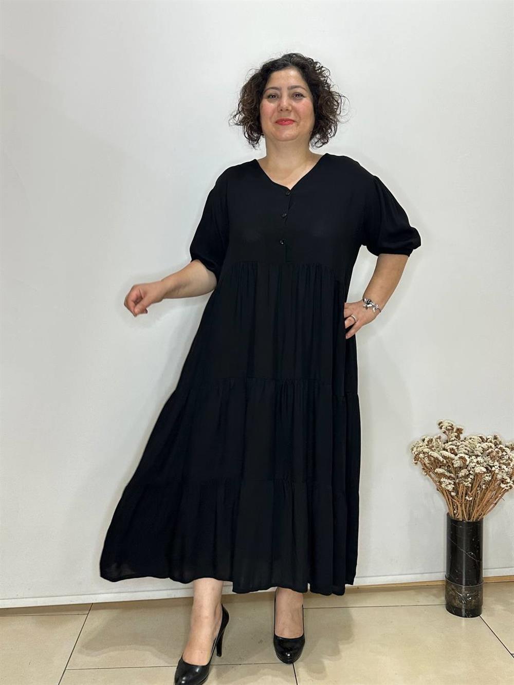 Büyük Beden Ön Düğme Detaylı Midi Boy Siyah Elbise