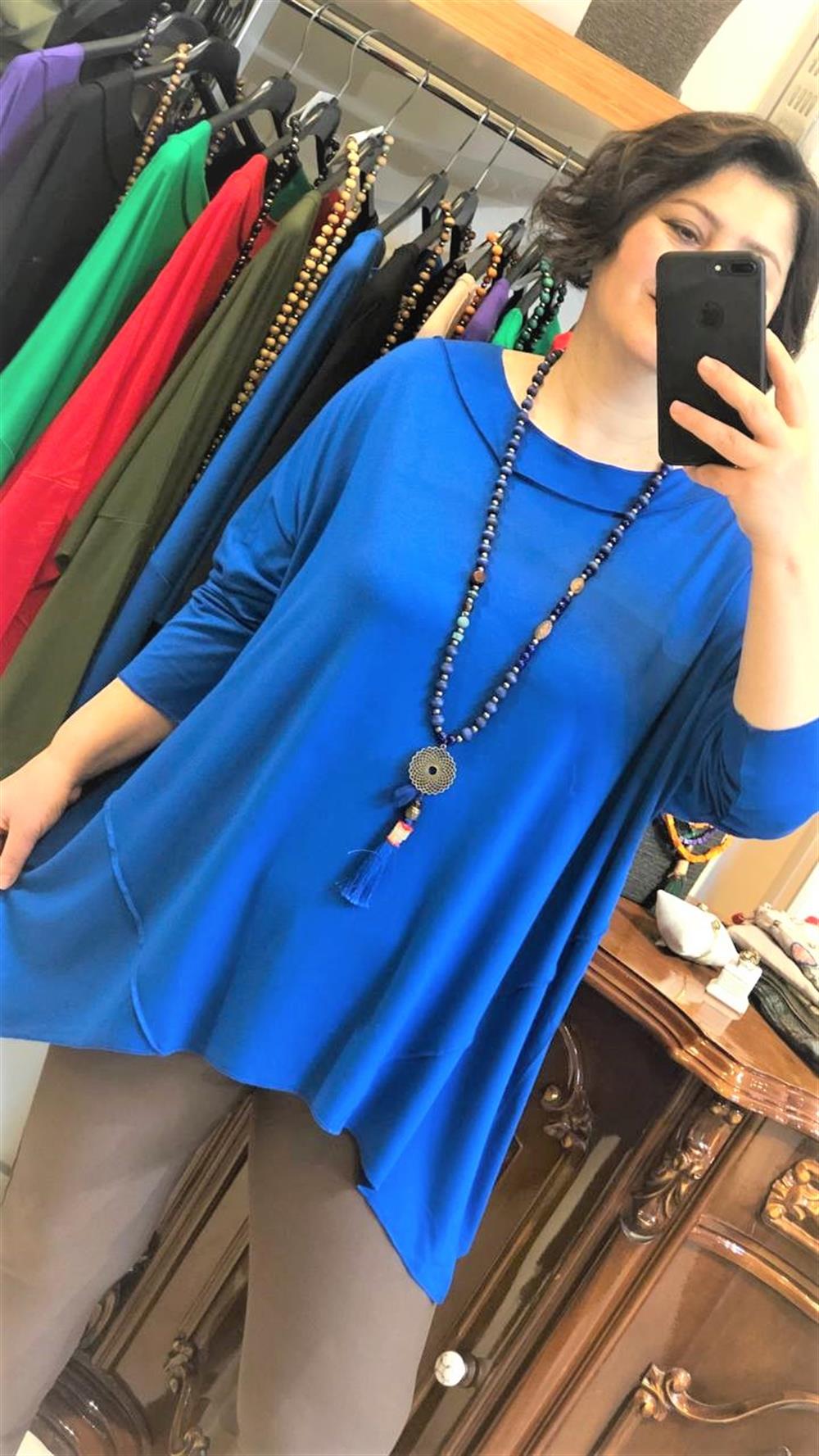 Büyük Beden Oversize Parçalı Viskon Penye Bluz Saks Mavi