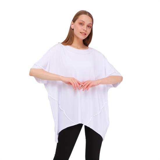Büyük Beden Oversize Parçalı Viskon Penye Bluz Beyaz