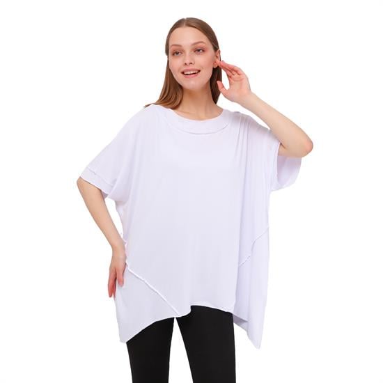 Büyük Beden Oversize Parçalı Viskon Penye Bluz Beyaz
