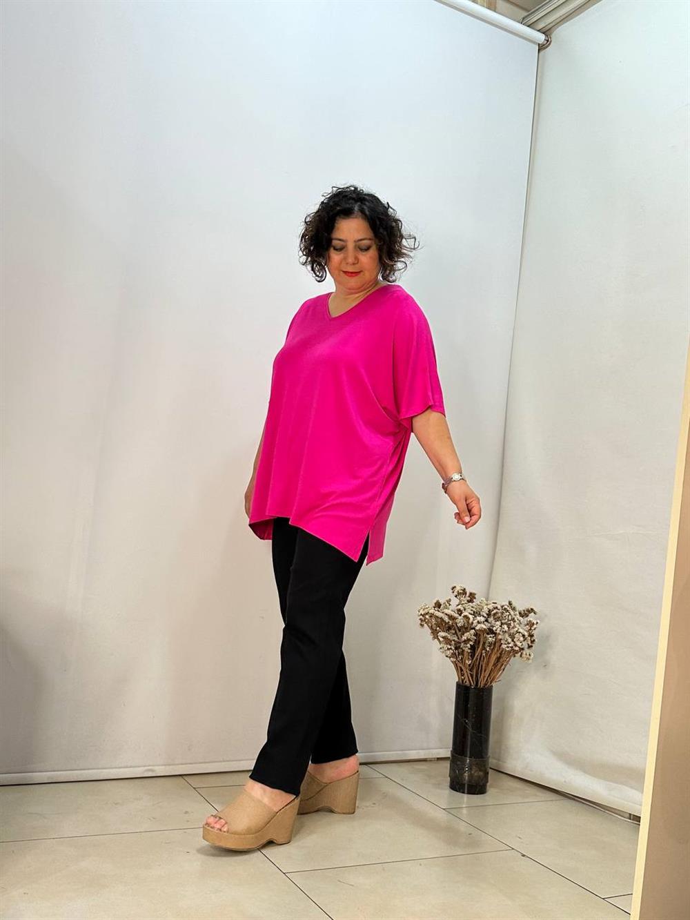Büyük Beden V Yaka Oversize Viskon Penye Bluz Pembe