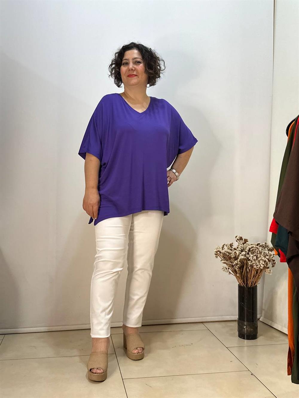 Büyük Beden V Yaka Oversize Viskon Penye Bluz Mor