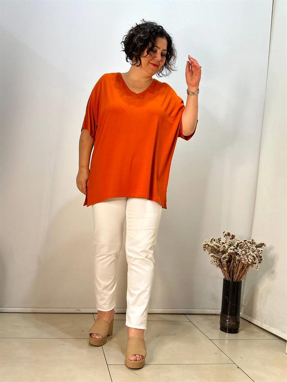 Büyük Beden V Yaka Oversize Viskon Penye Bluz Tarçın