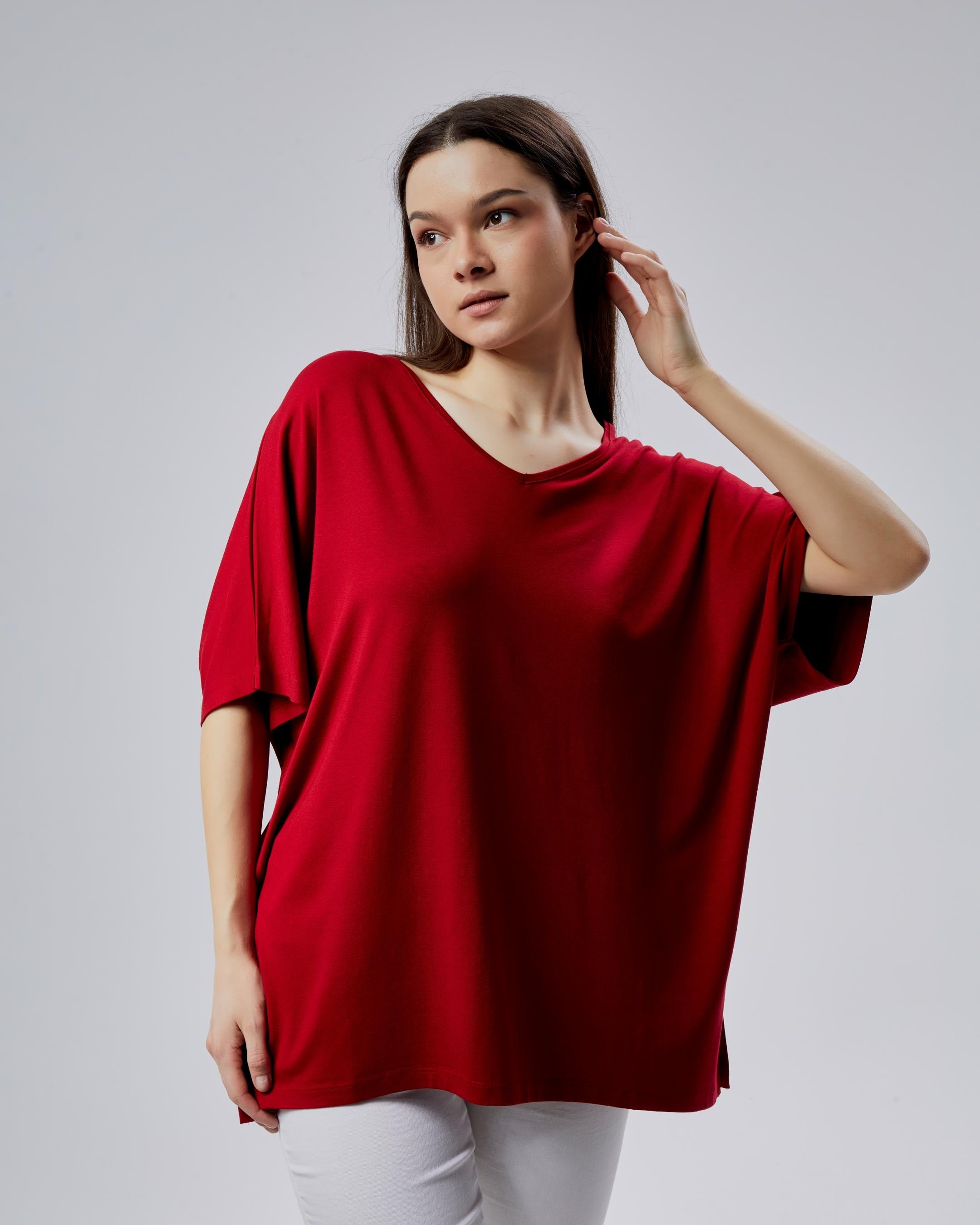 Oversize  V Yaka Likralı Viskon Bluz · 24