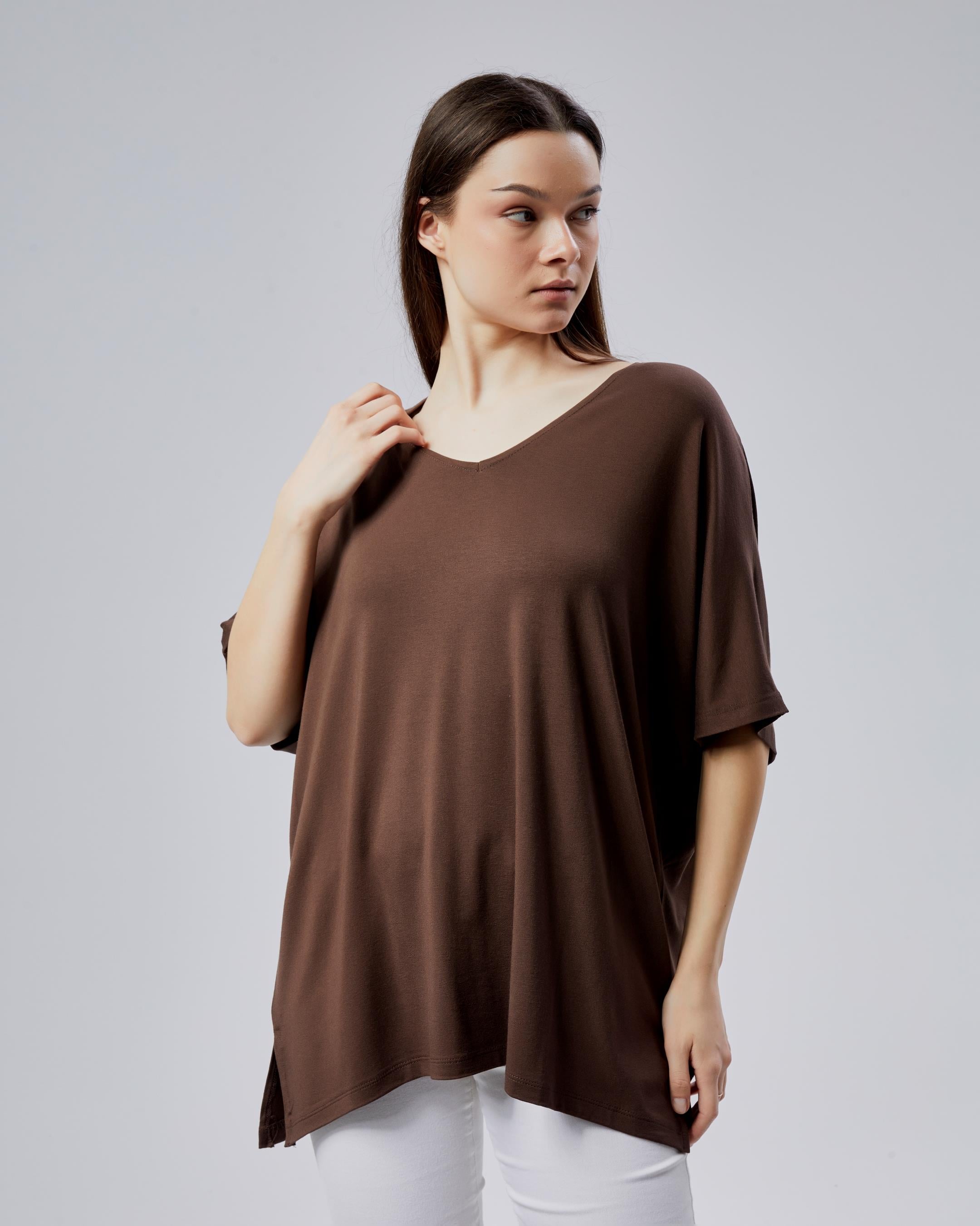 Oversize  V Yaka Likralı Viskon Bluz · 18