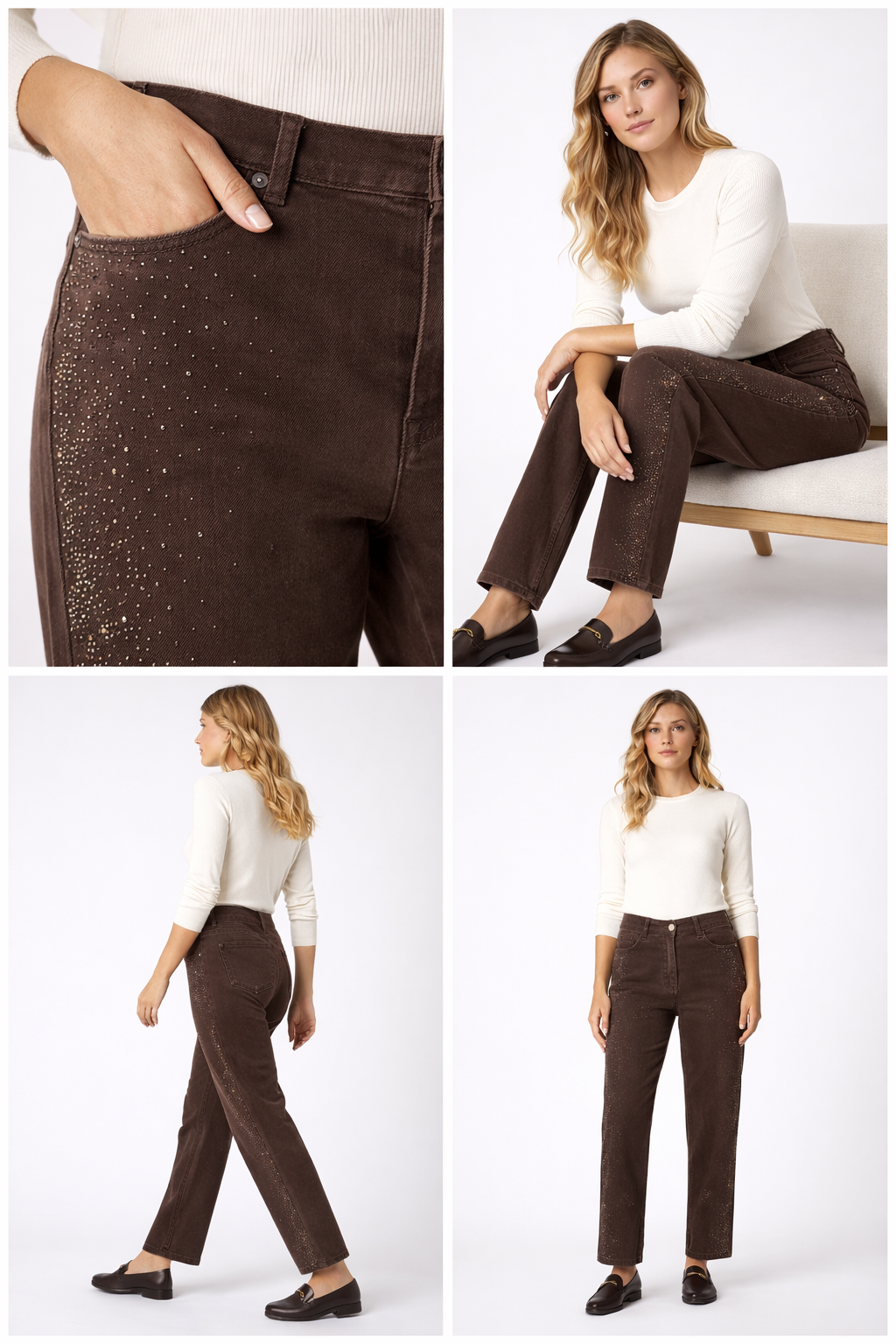 Taş Detaylı Premium Denim Pantolon – Işıltılı Kahverengi