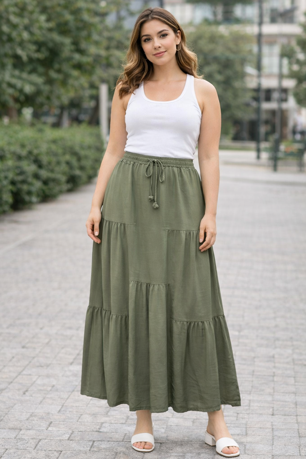 Tencel Dokulu Katlı Maxi Etek | Bel Lastikli & Bağcıklı · 2