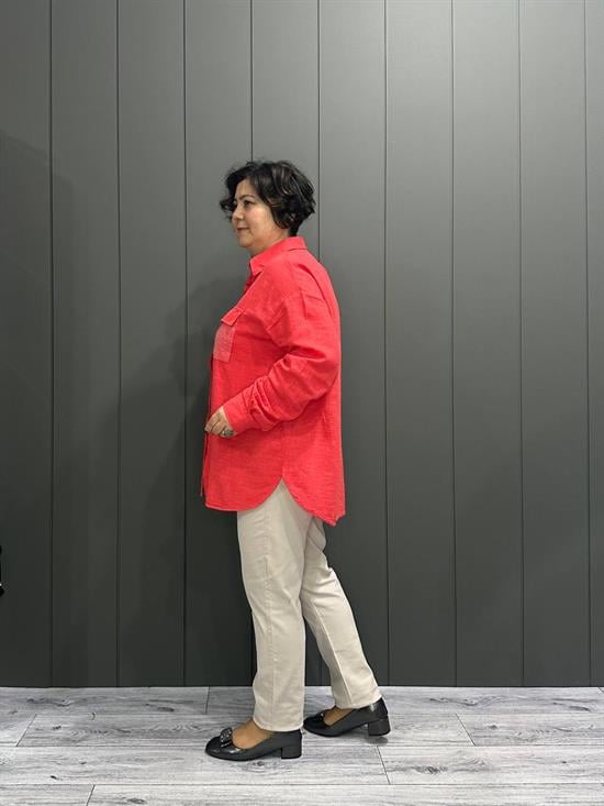 Cep Payet Detaylı Pamuklu Gömlek Kırmızı