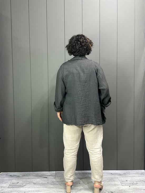 Doğal Keten Oversize Kadın Ceket Antrasit Gri