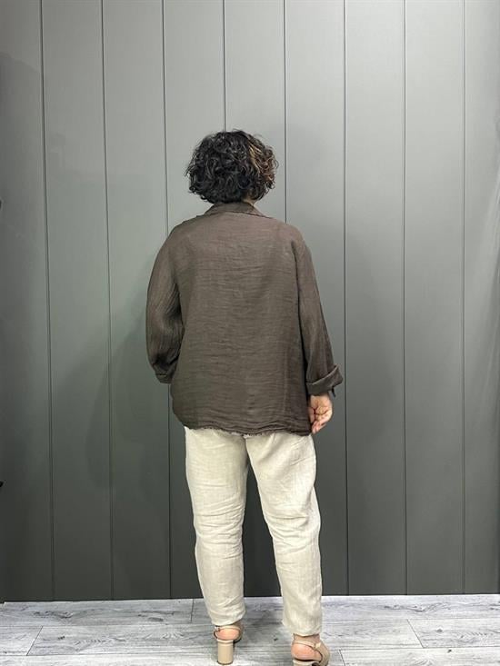 Doğal Keten Oversize Kadın Ceket Kahverengi