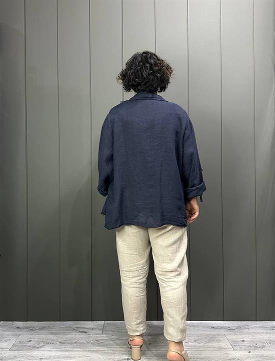 Doğal Keten Oversize Kadın Ceket Lacivert