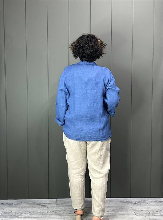 Doğal Keten Oversize Kadın Ceket Mavi